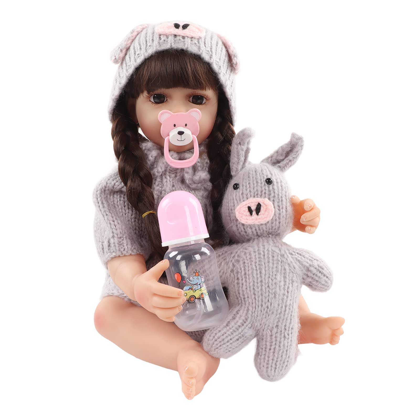 22 Zoll lebensechte Neugeborene Babypuppe, Ganzkörper-Silikon, handgefertigt, realistisches Babypuppen-Set mit Schnuller, Milchflasche, Schuhen für Rollenspiele, Sammlerstück,