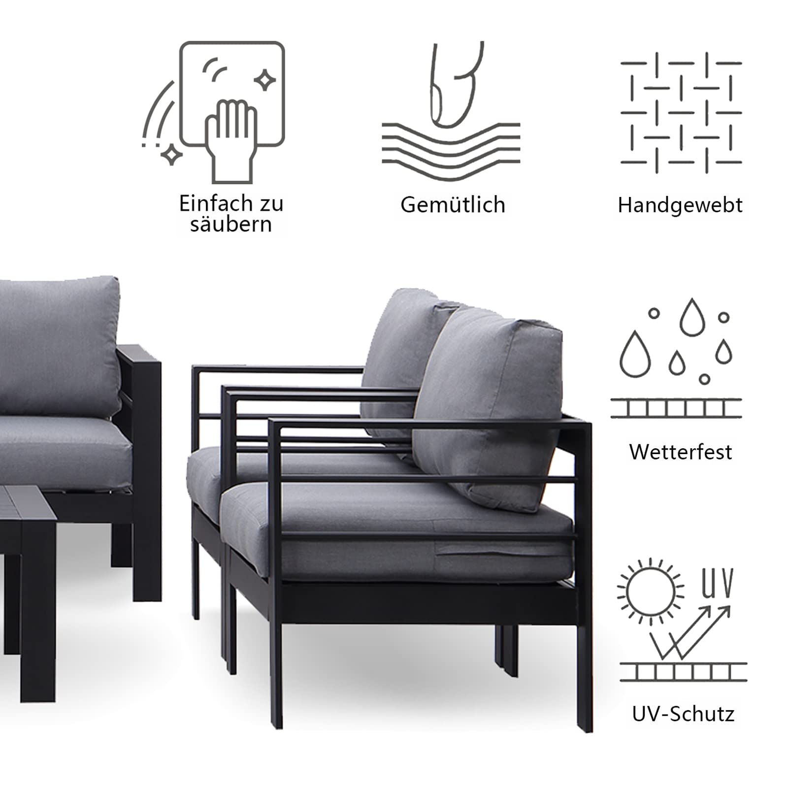 GLP Gartenmöbel Set Aluminium 6-7 Personen, Terassenmöbel Wetterfest mit Sofa, Tisch, Hocker & Kissen, Gartenlounge Set für Innen- und Außenbereich (Schwarz & Dunkelgrau)