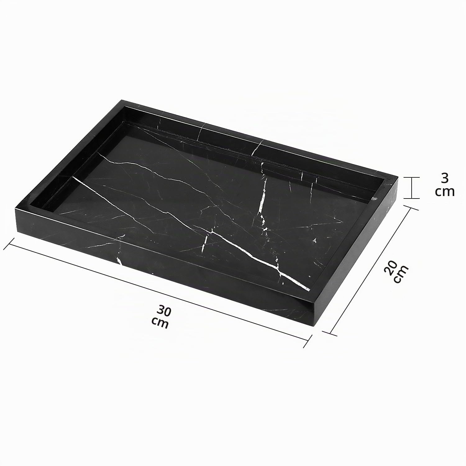 Plateau de Salle de Bain Plateau Marbre Naturel Luxueux Polyvalent Plateaux Décoratif pour Cosmétiques, Plans de Travail, Cuisine, Clés, Café, Parfum, Bijoux (Noire et Blanche, 30 x 20 x 3 cm)