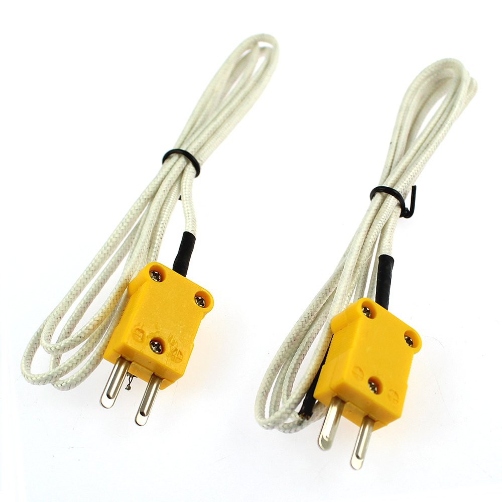 Close-up image of two K-type thermocouple sensors with yellow connectors.