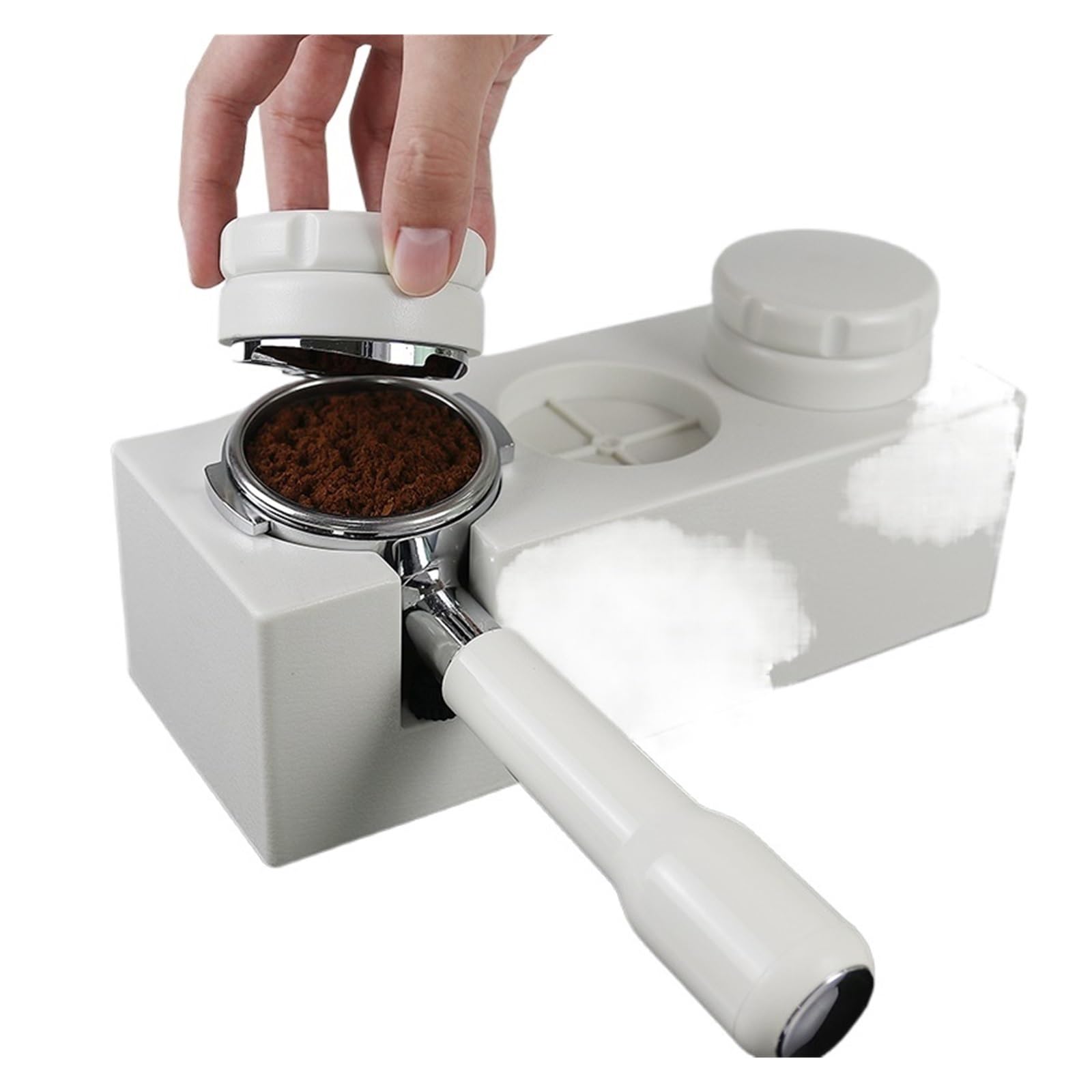 Portafiltro sin Fondo de Acero Inoxidable de 58 mm, portafiltro E61 con Mango Blanco, Compatible con Accesorios para máquinas de café Profesionales (58 mm).