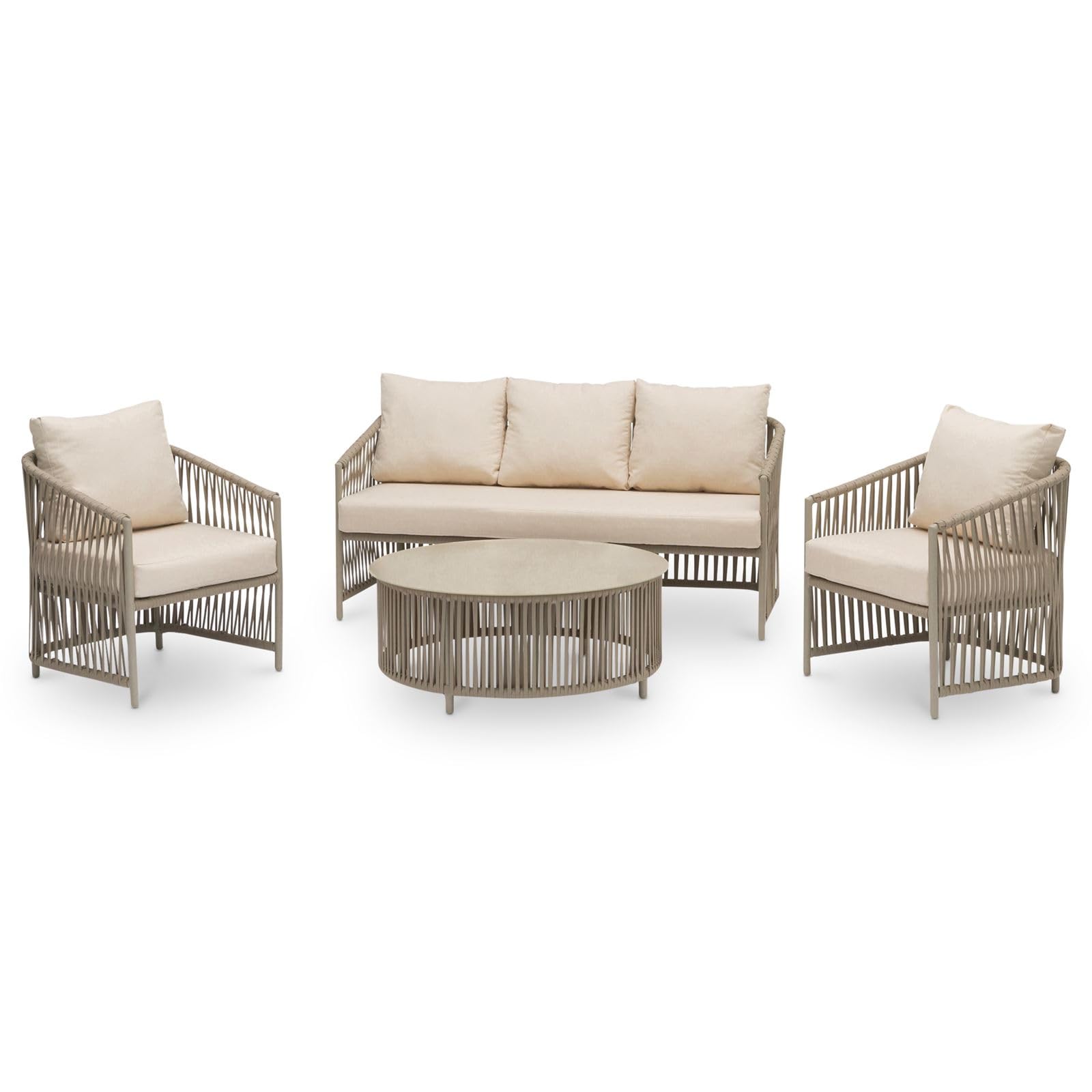 IDIMEX Outdoor Sofa Set KULO 4-teilig, Champagne – Lounge-Set aus Aluminium mit Rope-Bespannung, Couchtisch mit Glasplatte, inklusive 5 bequemer Kissen, wetterfest für Balkon Terrasse Garten