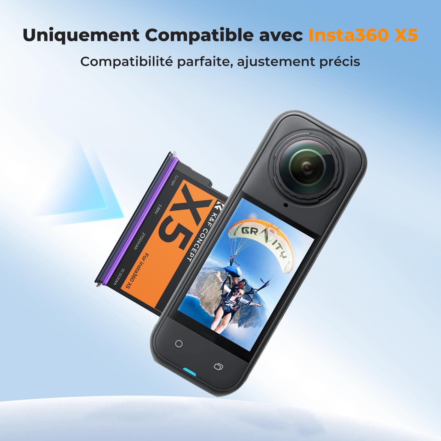 K&F CONCEPT Lot de 2 Batteries Insta360 X5 Recharge Rapide 20W 2700mAh | Compatible avec Insta360x5, Batterie de Rechange pour Insta x5, Accessoires pour caméra de Sport JHX5