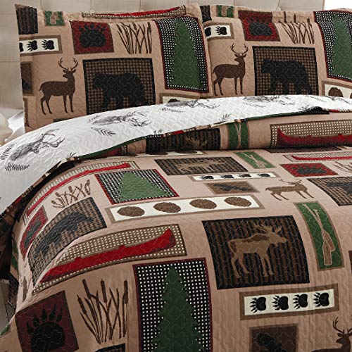 Reversible Home Rustic Bedding Lodge Moose Bear Quilt Set Full/Queen Size,3 Pcs Lightweight Cabin Bedspread Bear Paw Eagle Elk Printed Bed Cover All Season Coverlet Bed Set With Standard Pillow Shams #TOP2