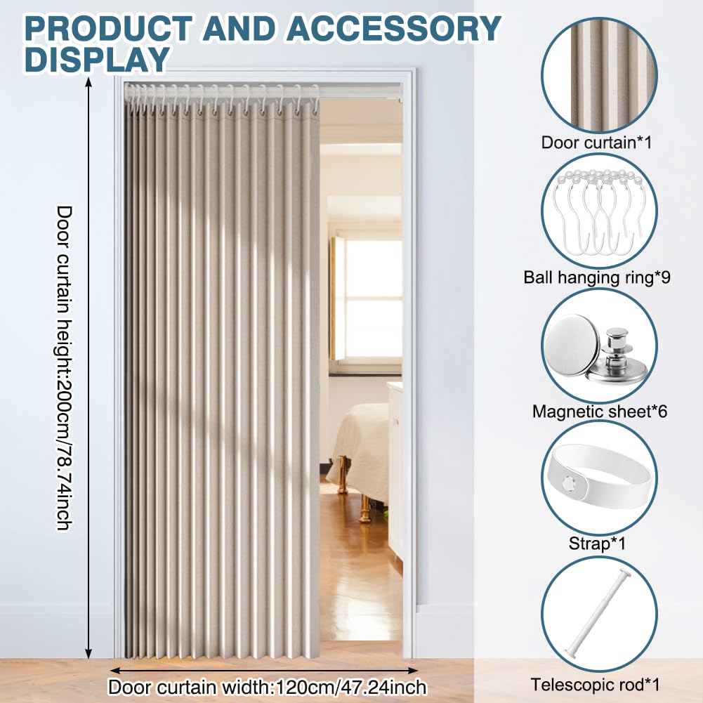 Cortina para puerta sin taladrar, cortina térmica para puerta con barra telescópica, separador de habitaciones magnético para puertas y habitaciones, adecuado para cortina térmica, puerta plegable
