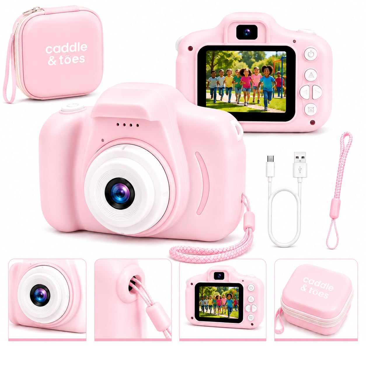 caddle & toes kids camera for boys girls, 40mp 1080p digital video camera for kids, christmas birthday gift for boys and girls age (4+) to 12,digital camera (silicon bag with pink camera)