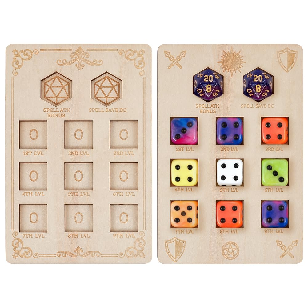 BENECREAT 2 Styles D&D Spell Slot Tracker, Laser Engraving, Wooden Dice Tray for Dungeons and Dragons Collectors D&D Accessory Gift 5.9x3.9 inch