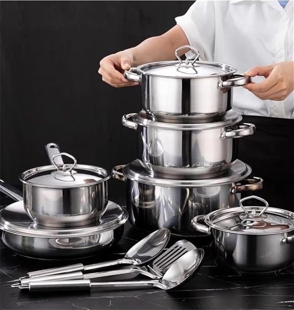 Stainless Steel Cookware Set, 15 Piece Set with Steel Handle, Composite Bottom for Daily Cooking (15) by AoMeldion - Used condition - Image 5
