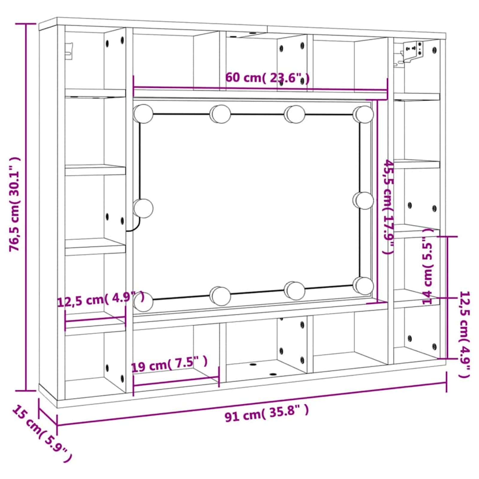Armoire miroir LED avec éclairage à intensité variable, en bois/acrylique, noir, 91 x 15 x 76,5 cm, pour organisation cosmétique
