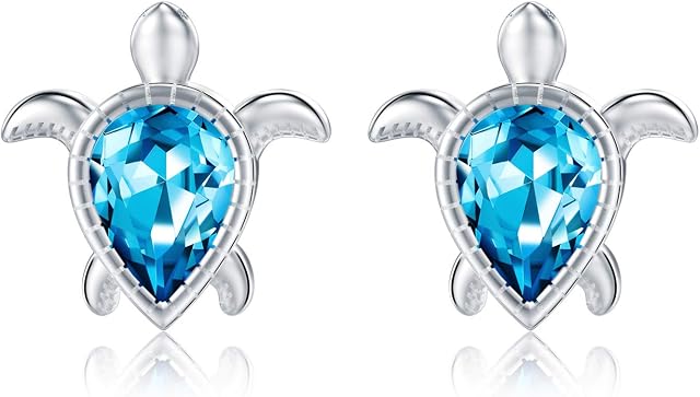 AOBOCO Sterling Silver Turtle Stud Earrings with Heart Crystals Birthday Jewellery Gifts for Women Girls Kids
