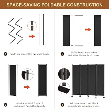 4 Panel Room Divider, 6FT Freestanding Folding Privacy Screen, Room Divider Panel 76.77 W X 75.6 H, Portable Partition Wall Dividers for Home Office Bedroom, Black