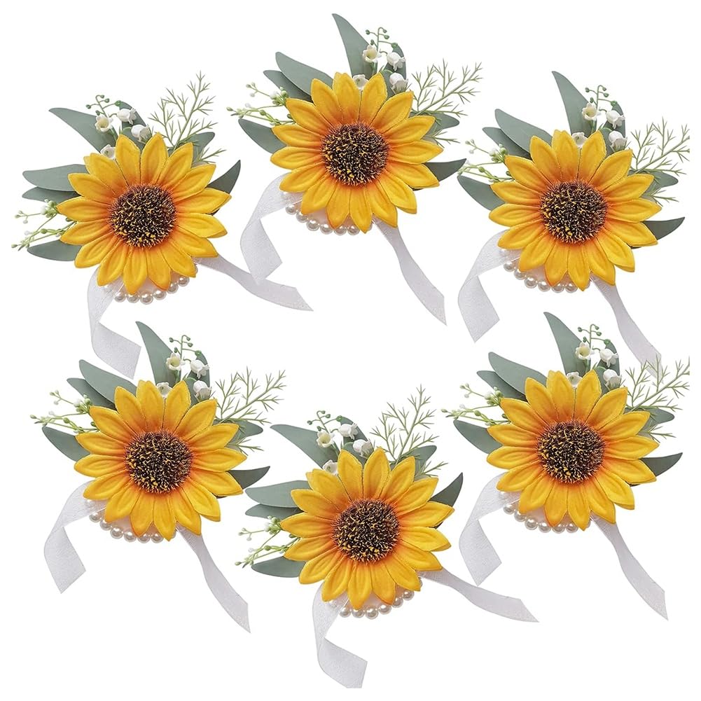 Hndhbfgrt Wedding Flower Corsage Set 6PCS Artificial Sunflower Wrist Corsage for Bride Groom Bridesmaid for Party and Vintage Ceremony