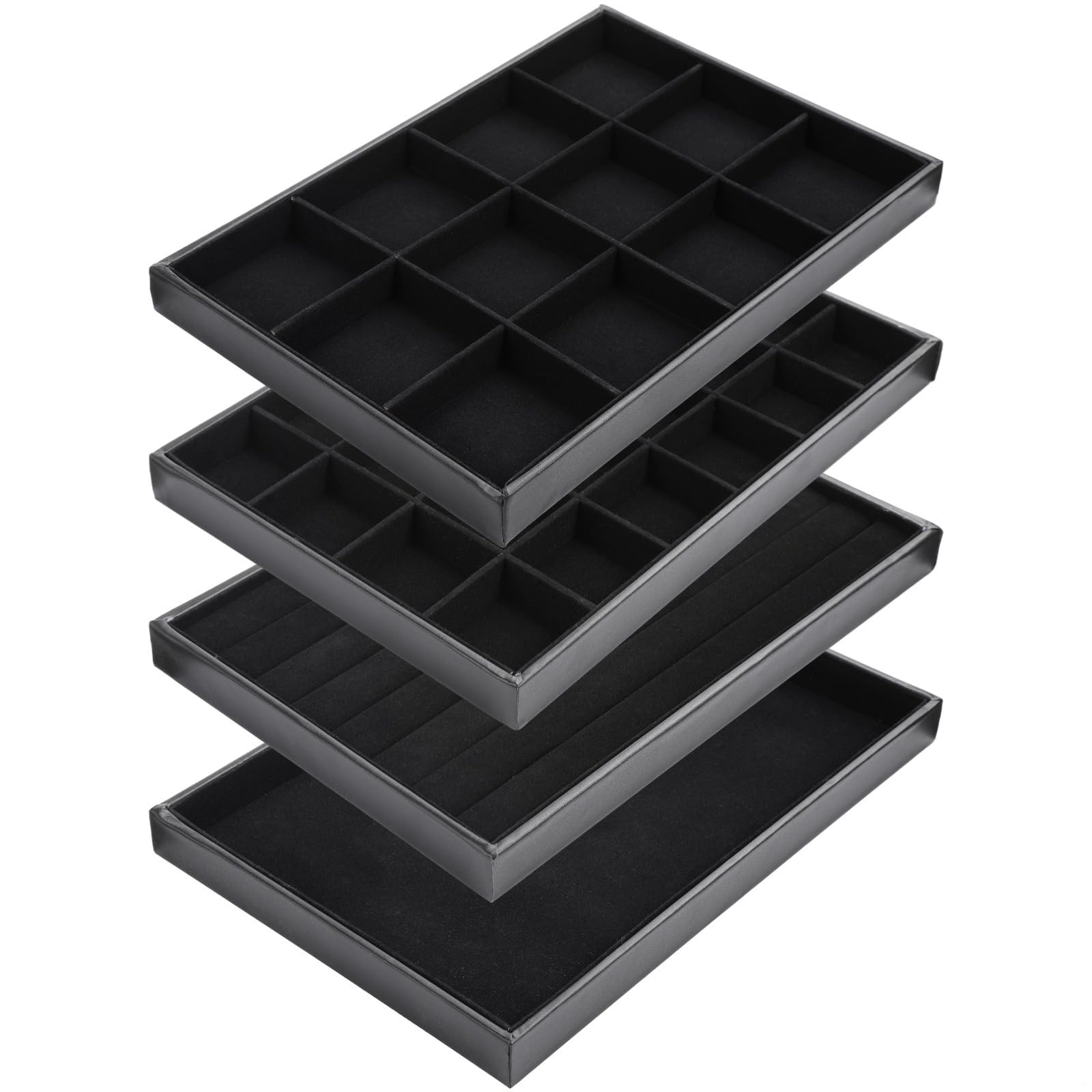 Bandejas organizadoras de joyas, juego de 4 piezas, diseño apilable con 12 y 24 compartimentos, para collares, aretes y anillos, 13.8 x 9.4 x 1.2 pulgadas