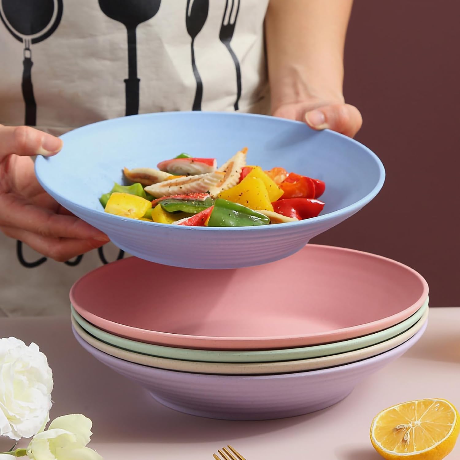 BGVM Wheat Straw Wide Rimmed Soup Bowl Set - 23cm Large Pasta Plates for Spaghetti, Dipping Bread, and Fancy Dinners - Durable & Stylish Dinnerware for Everyday & Restaurant Use (3, Purple) 4