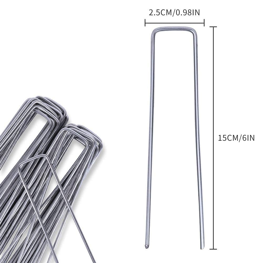 OUNUO 100 Picchetti Giardino Zincato, Picchetti Telo Pacciamatura, Anti Ruggine a Forma di U, Picchetti Rete Giardino per Reti Recinzioni Erba, Reti, Recinzioni, 150mm x 25 mm, Ø 3 mm