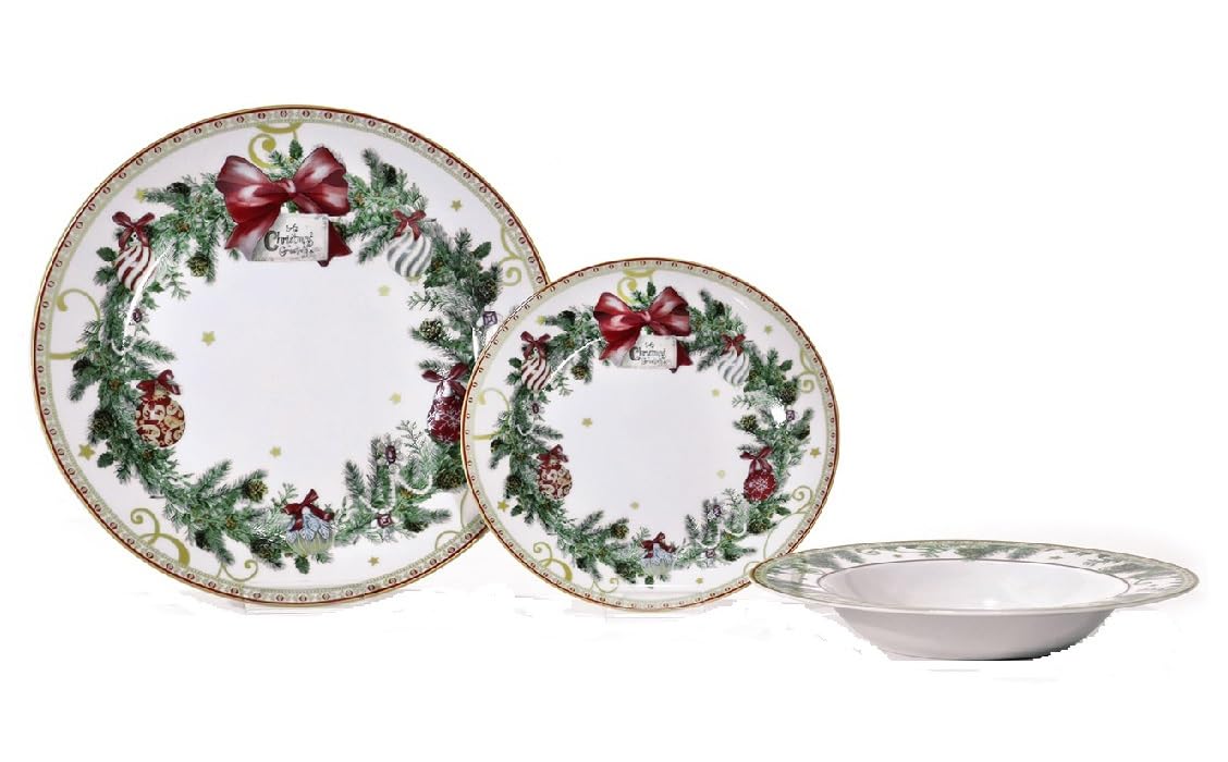 Servizio Piatti di Natale completo per 6 Persone 18 PZ ghirlanda fiocco rosso in Porcellana tavola elegante natalizia decorazioni agrifoglio pigne palline idea regalo