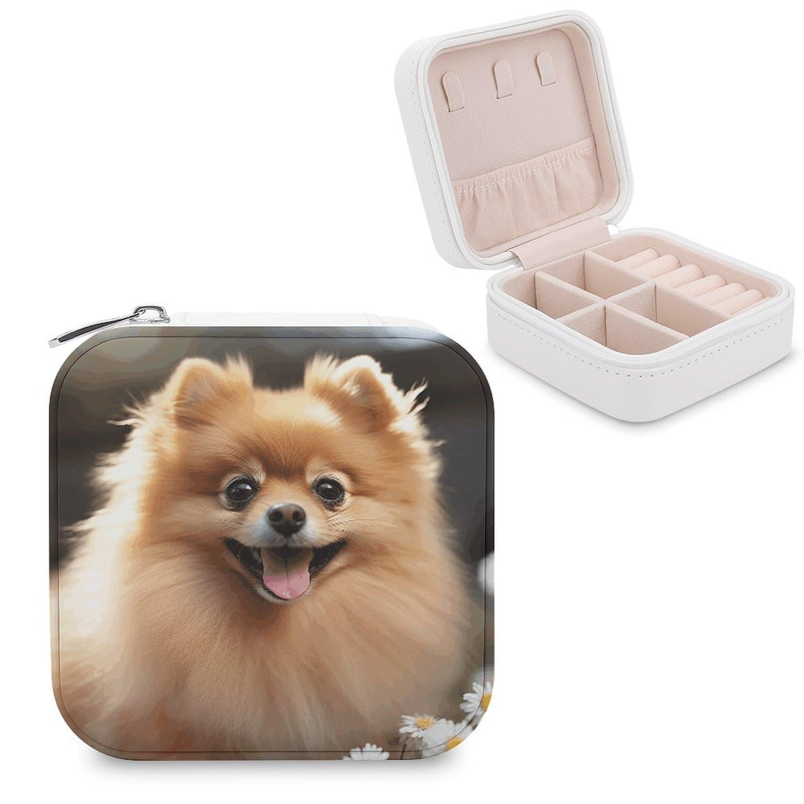 LZQPOEAS Pomeranian Dog Jewelry Box, PU Patterned Storage Case, Portable Travel Jewelry Organizer Box for Storing Rings, Pendants, Earrings, Necklaces, And Women's Specialized
