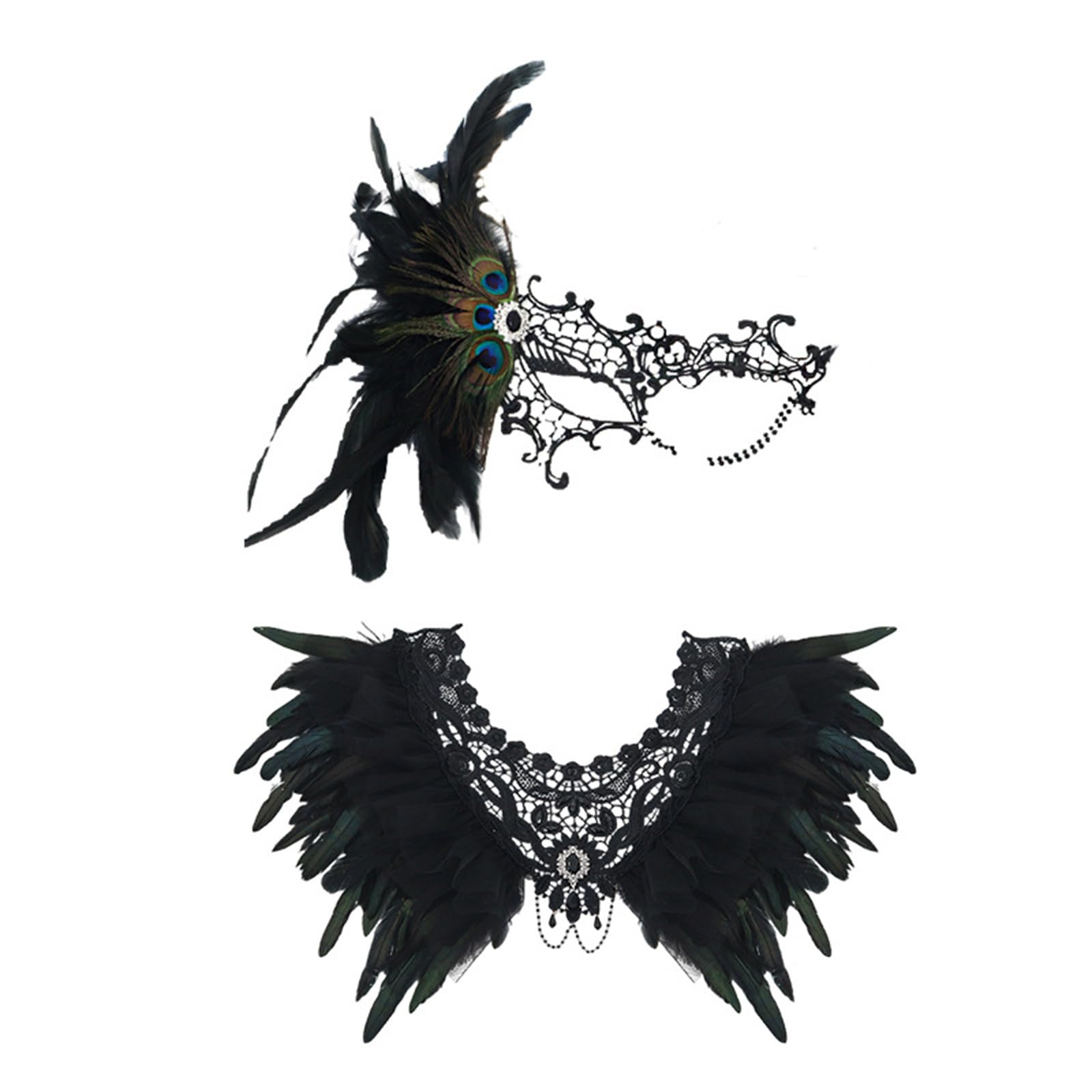 2Pcs Gothic Feather Shawl Lace Eyes Mask Set,Mardi Gras Women Lady Feather Black Crow Swan Mask Lace Collar Costume for Halloween Carnival Prom Ball Party