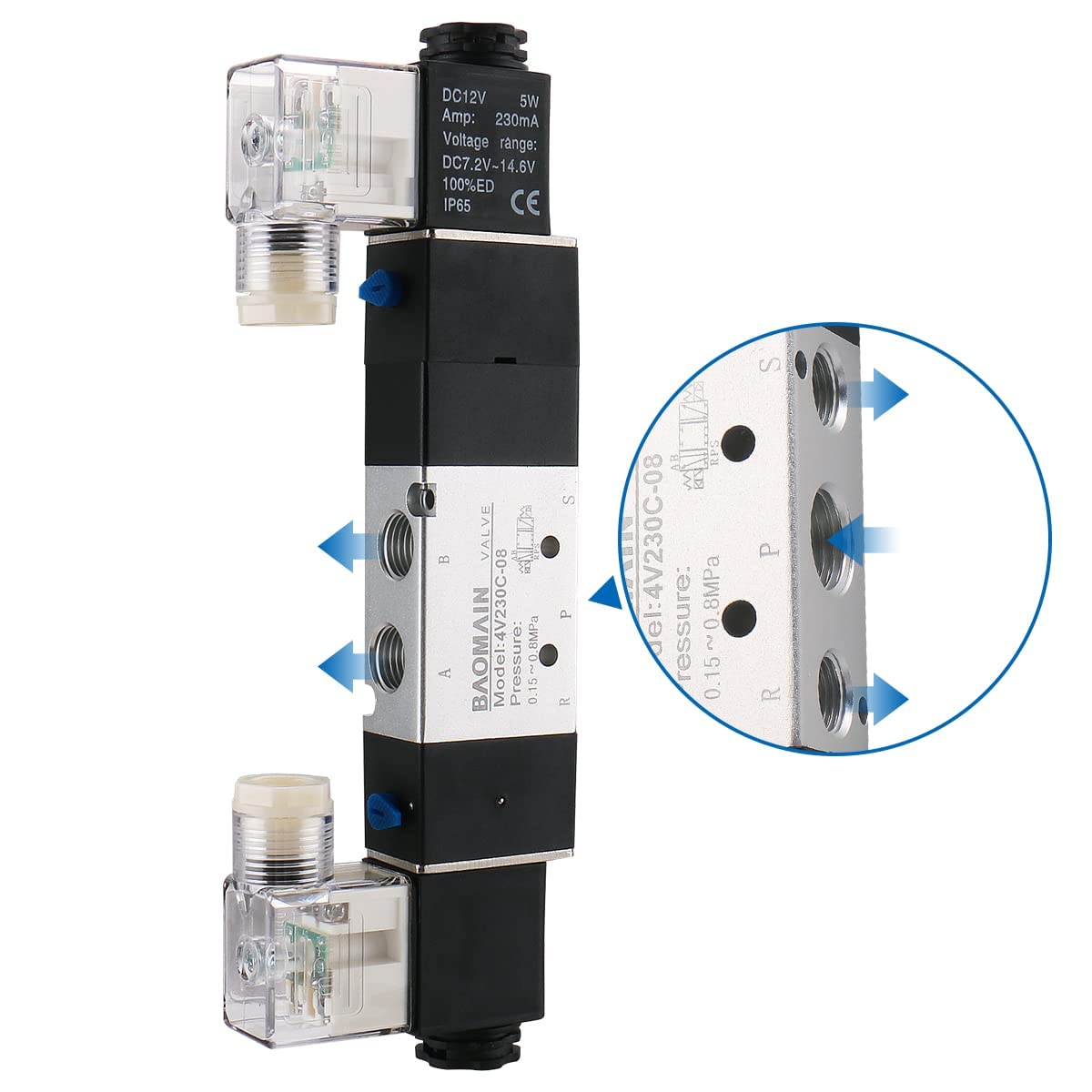 BAOMAIN Colector de 6 Estaciones con Electroválvulas Neumáticas 24V DC, Válvula de Aire 5/3 Vías 1/4" PT 4V230C-08, Kit Completo con Base y Silenciadores para Automatización Industrial
