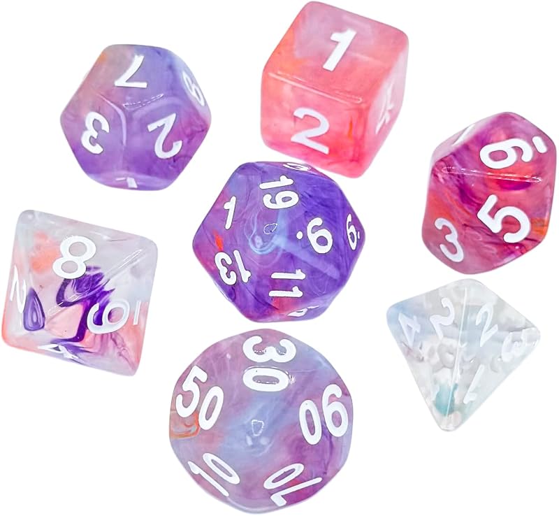 Juego de dados DND rosados ​​de 7 piezas de dados poliédricos (brillo rosado) | Juego de dados acrílicos para TTRPG, mazmorras y dragones, juegos de rol y otros juegos de mesa: dados del sistema D20