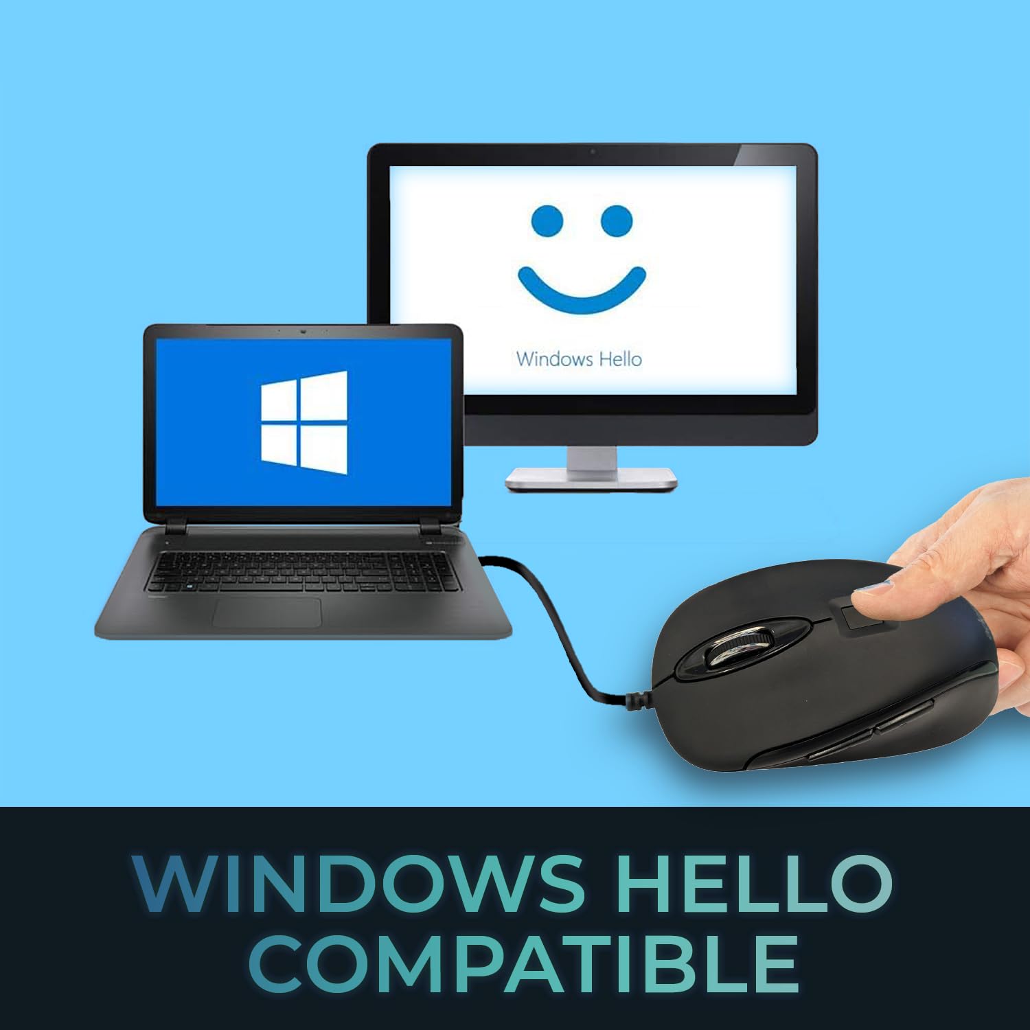 Adesso iMouse F1 - Ratón USB con cable y lector de huellas dactilares 1200 DPI Cifrado AES 256 Biométrico Seguridad Windows Hello Compatible con TAA Cumple con la normativa TAA Fabricado en Taiwán