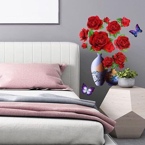 Miniatura 4 de Supzone Calcomanías de pared de jarrón 3D, calcomanía de flores estéreo, decoración floral de superposición roja, arte extraíble e impermeable para