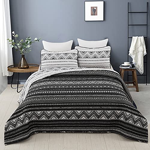 Djy Boho Aztec Quilt Set Queen Size(90"X96"), Black N White Striped Geometric Bedding Bedspreads, Reversible Microfiber Bohemian Quilted Coverlet Sets For All Season, 3 Pieces(1 Quilt+2 Pillowcases) #TOP1