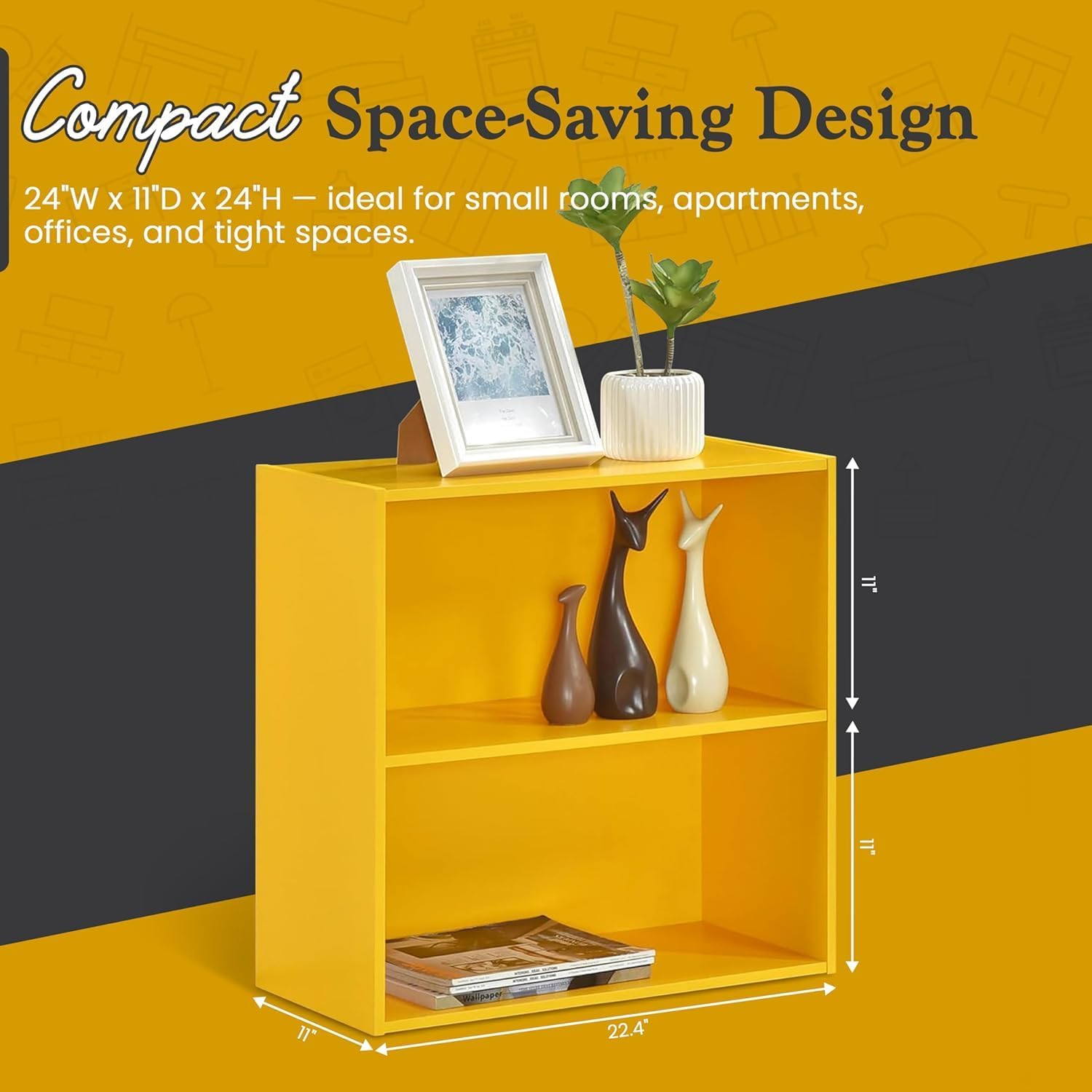Kings Brand Furniture George 2-Tier Bookcase Storage Organizer - Contemporary Wooden Shelf Organizer for Bedroom, Nursery, School or Home Office (Yellow, 2-Pack)