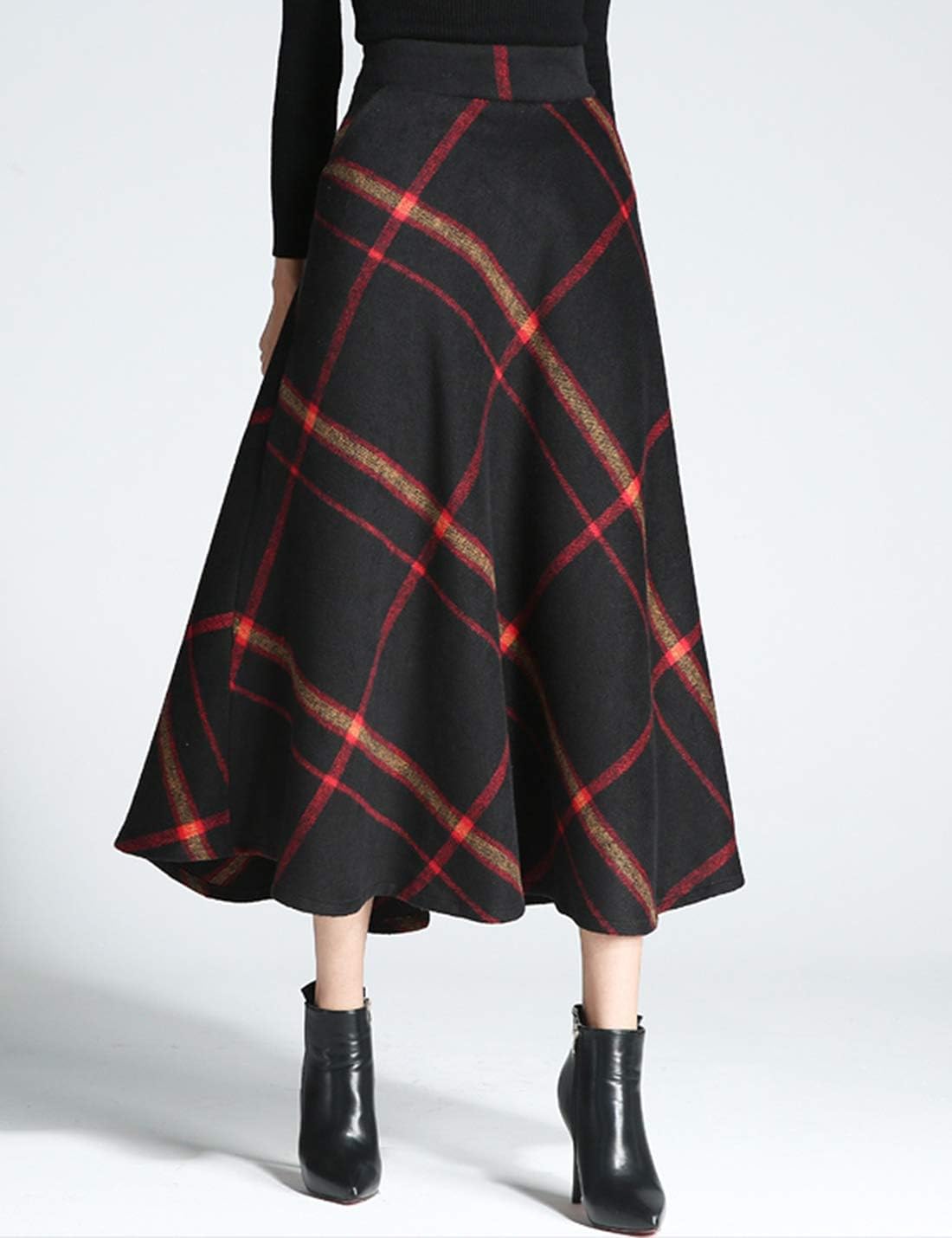 Tanming Women's Winter Warm Elastic Waist Wool Plaid A-Line Pleated Long Skirt - Image 5