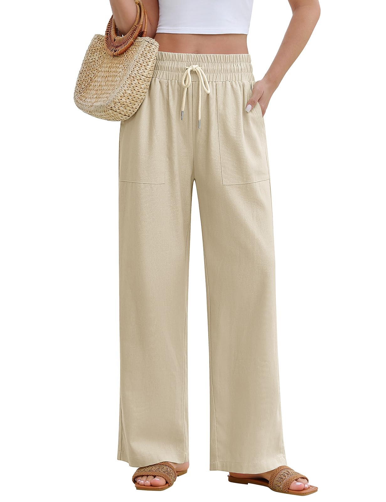 PASUDA Pantaloni Donna Estivi Lino Pantaloni Leggeri Larghi Elastico Vita Alta Lunghi Gamba Dritta Eleganti Pantaloni Palazzo da Spiaggia Jogging Solido Sciolto Casual Comodi con Tasche