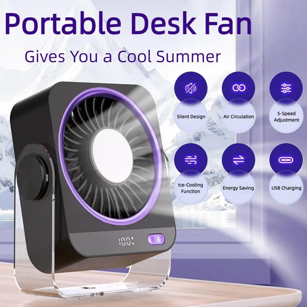 Rechargeable USB Desk Fan with Cooling Function, 5 Speeds Quiet Portable Fan with Digital Display,Turbo Airflow & 180° Tilt,Small Personal Fan for Bedroom Office Travel Camping Cruise RV (White)