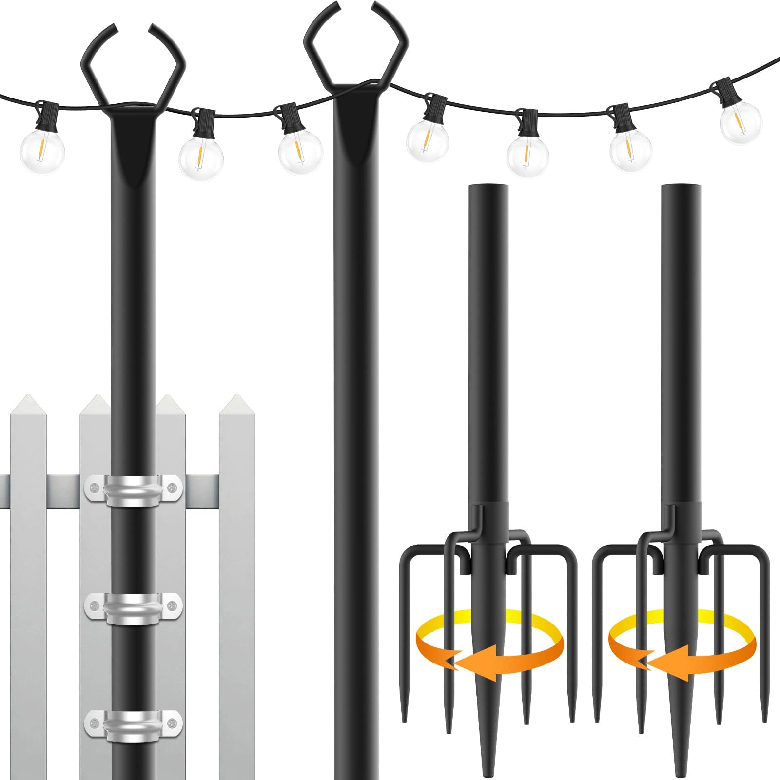 2 Piezas Postes de Luces de Cadena, Postes Metálicos de 3m para Luces de Cadena de Exterior, Soporte de Iluminación Resistente para Exteriores, Patios, Jardines, Fiestas y Decoración Navideña