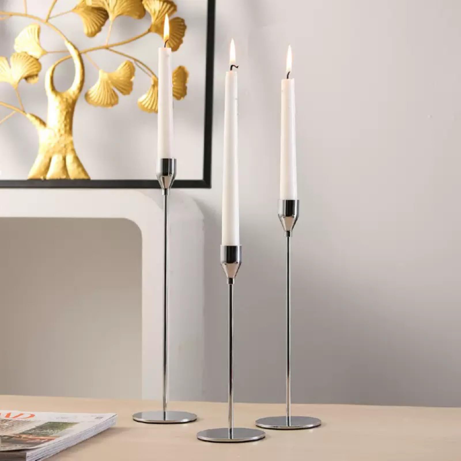 Vintage Gold Candle Holders Set for Taper Candles – 6 Pcs Metal Candle Holder Set for Christmas Decor, Holiday Table Centerpiece, Wedding Gift, Long Candle Sticks (Silver, 9)