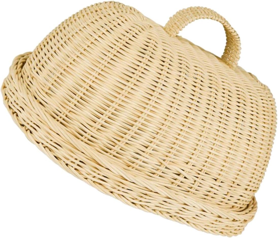 Rattan Food Dome and Bread Storage Basket Set, White Woven Protective Fruit Basket, Natural Kitchen Serving Dome for Food Storage and Display