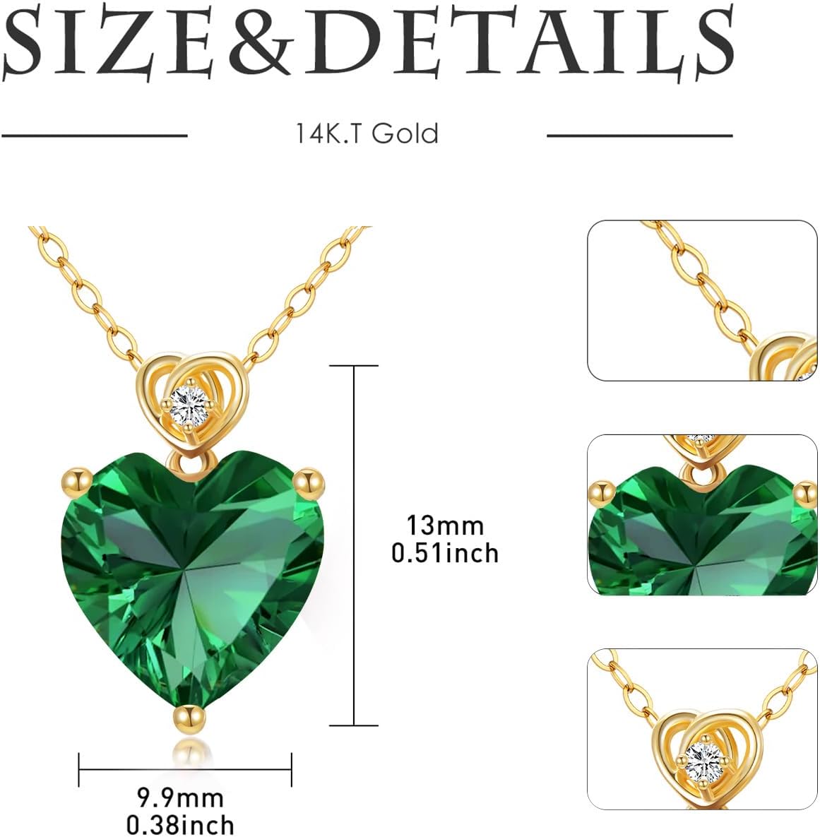 14k Gold Love Heart Gemstone Birthstone Necklaces for Women 3 Carat Heart-cut Created Birthstone Anniversary Birthday Mother's Day Pendant for Her 16+1+1 inch - Image 6