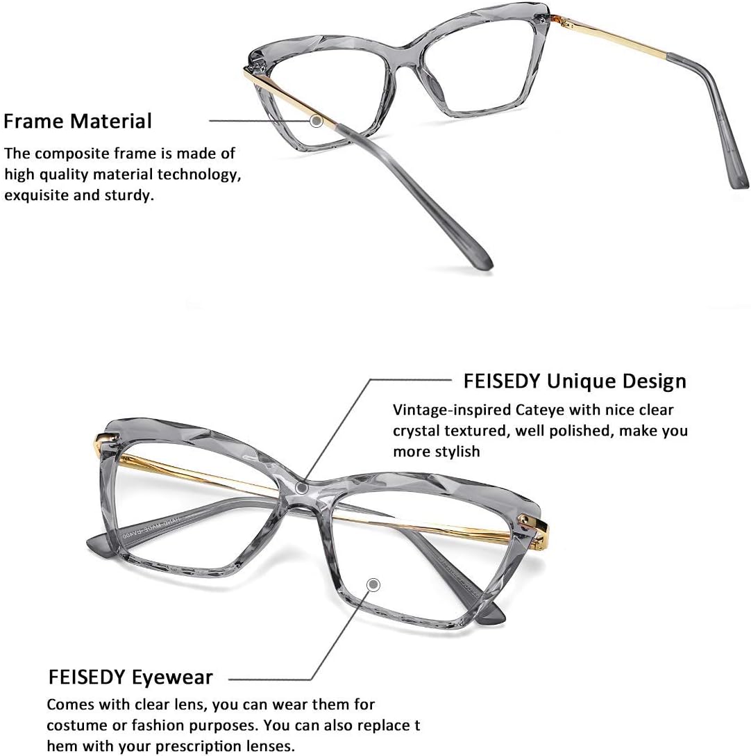 FEISEDY Cat Eye Glasses Frame Clear Lenses Lightweight Eyewear for Women B2440 Grey 55 Millimeters image 3 of 7 B07N7SNCBW