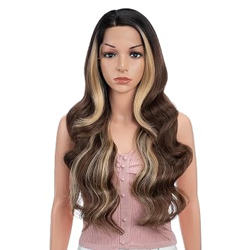 Joedir 26" Big Curly Wavy Supreme Free Parting HD Lace Frontal Wigs With Baby Hair High Temperature Synthetic Wigs For WomenOmbre Brown Highlights Color