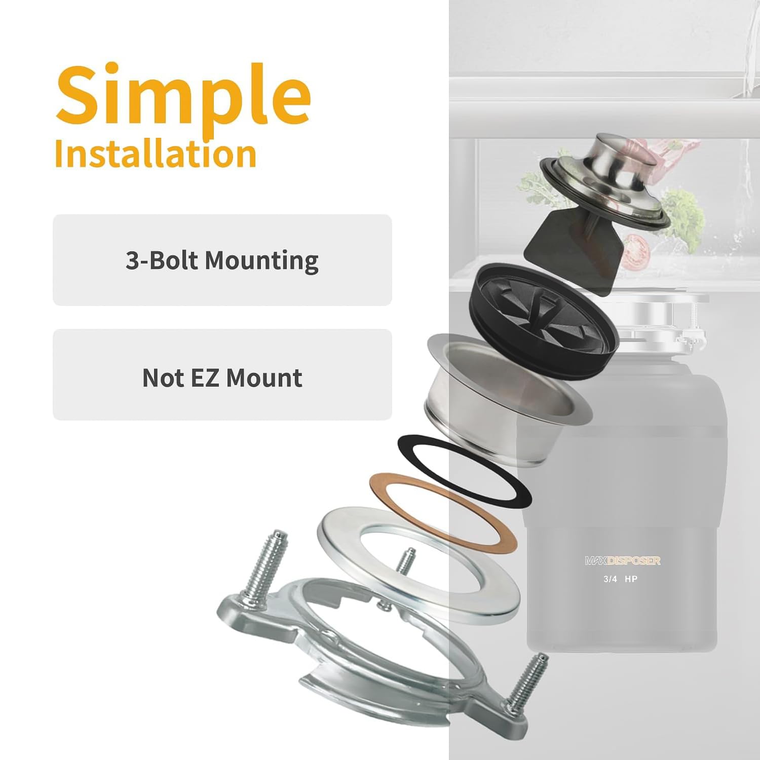 Triturador de basura de 3/4 HP para fregadero de cocina silencioso con tapón de cable de alimentación, fácil de instalar, triturador de residuos de alimentos de alimentación continua,