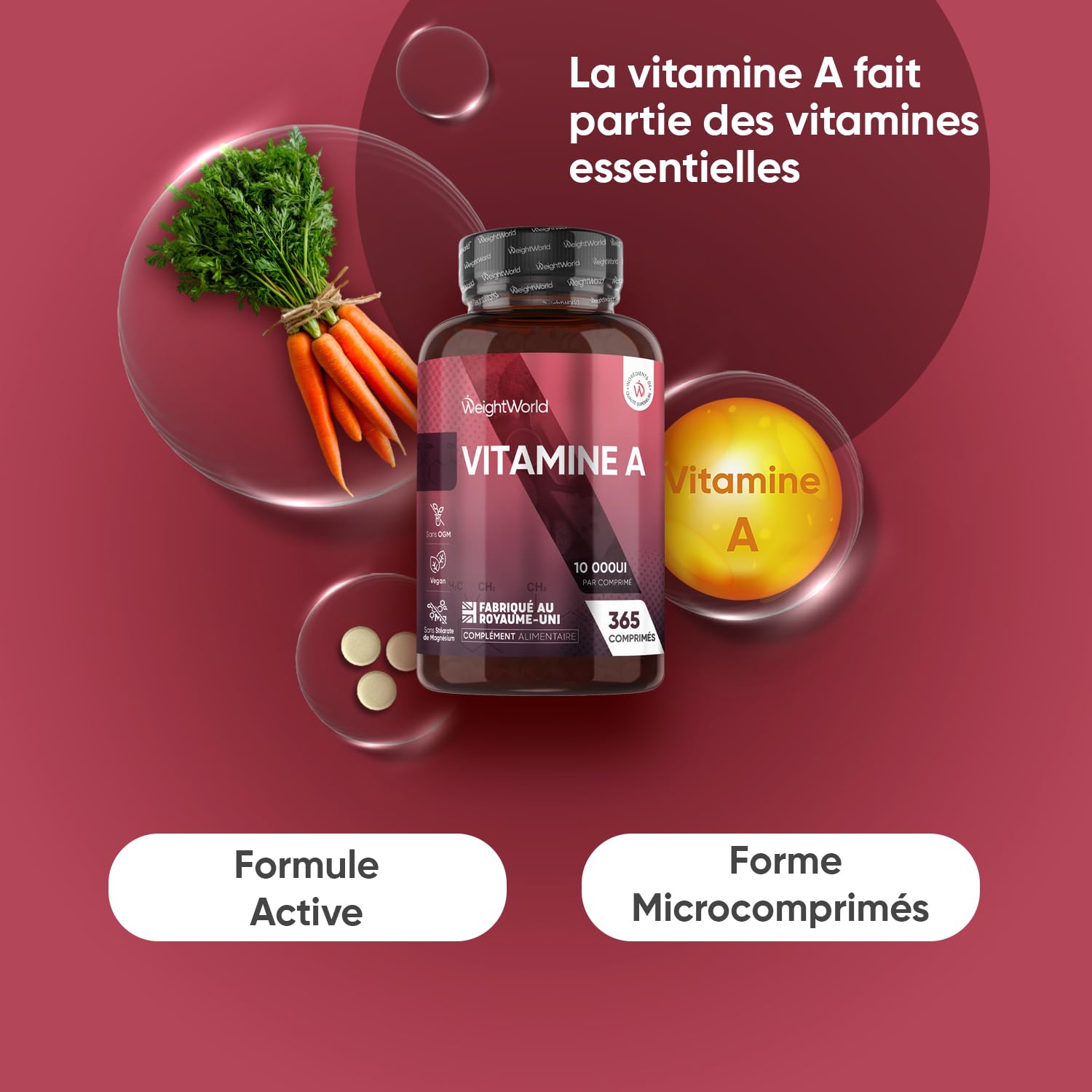 Vitamine A 10 000 UI - 365 Micro Comprimés Vegan - sous Forme d'Acétate de Rétinyle Vitamine A, + 1 An de Stock - 1 Comprimé tous les 3 Jours - Source de Retinol, Beta Carotene, sans OGM