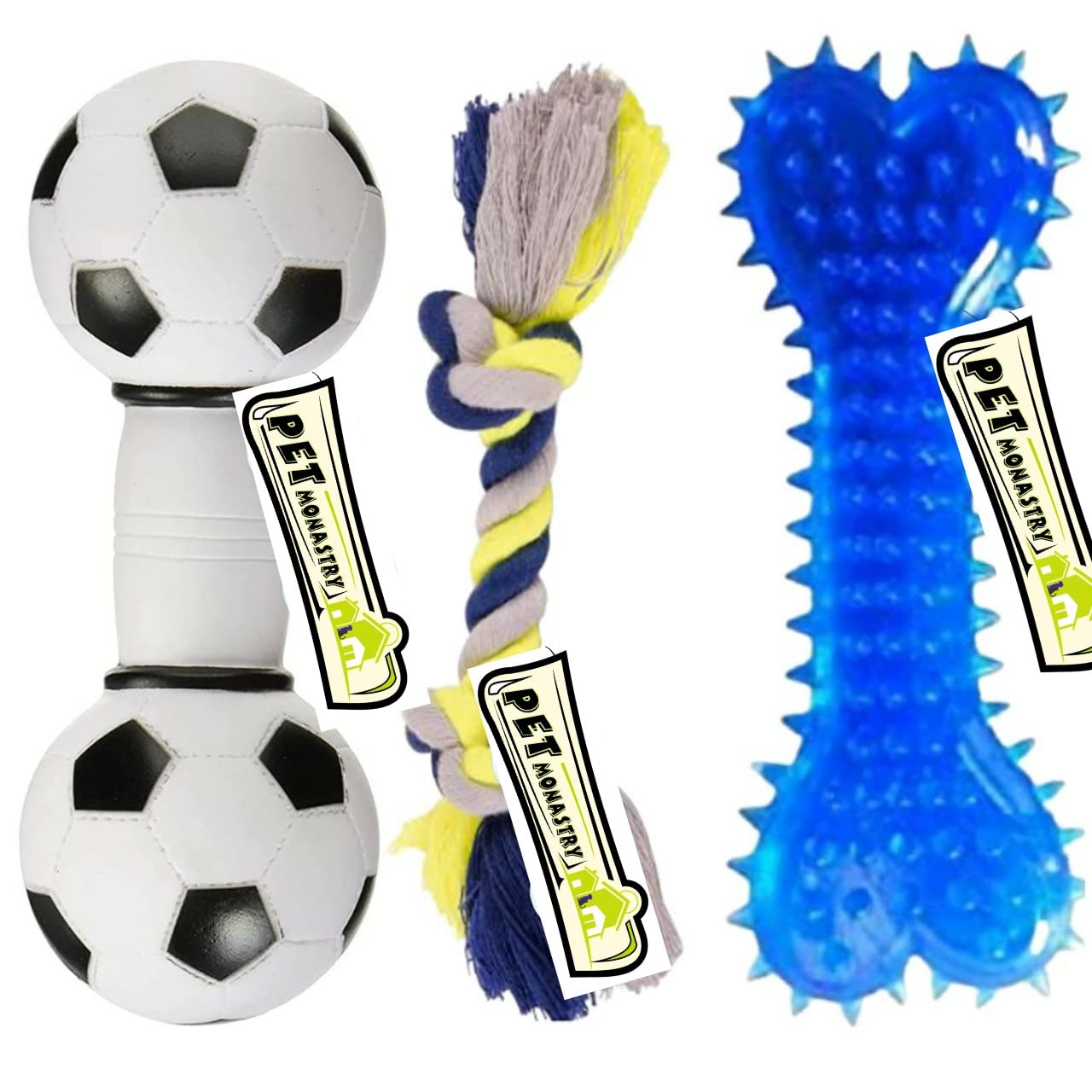 Pet Monastry® 3 Toy Combo - Squeaky Toys Football I Spike Bone Chew Toys I 2 Knot Roep Toys for Small Dogs & Puppies (Combo of 3) (B09WYF8NJY) Amazon Price History, Amazon Price Tracker