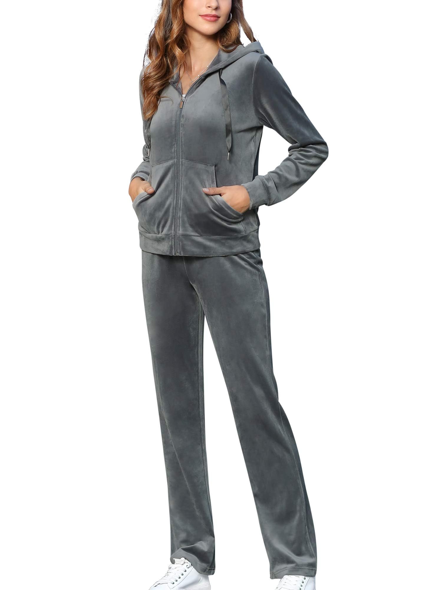 MessBebe, tuta da ginnastica da donna in velluto per il tempo libero lo sport 2 pezzi felpa con cappuccio a maniche lunghe con zip e pantaloni lunghi sportivi grigio., L