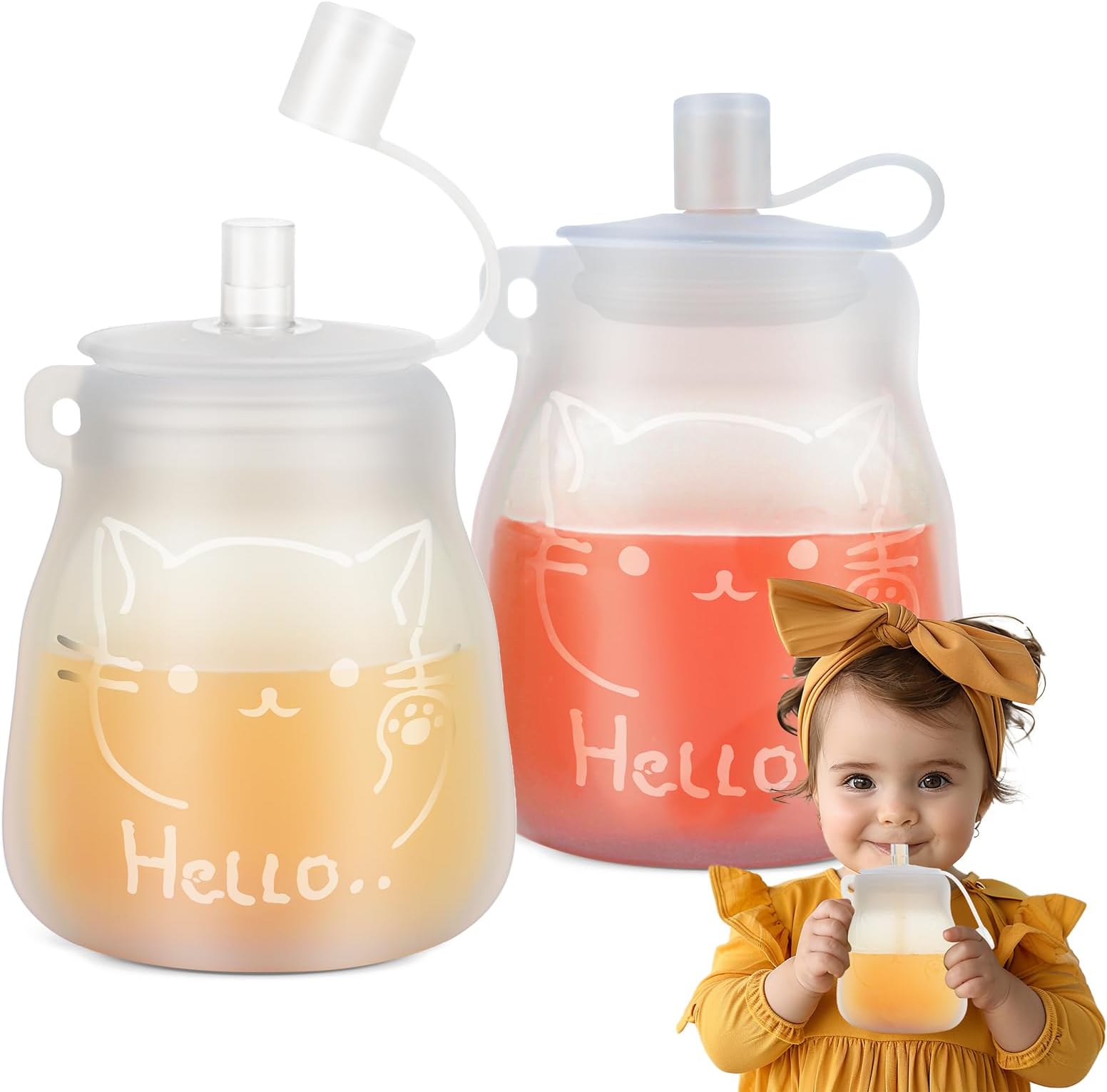 Reusable Baby Food Pouches, Squeeze Pouches for Toddler Kids, BPA-Free Silicone Refillable Pouches for Baby Food, Purees, Juices, Smoothies and Yogurt, 2 Pack,180ml, 6m+