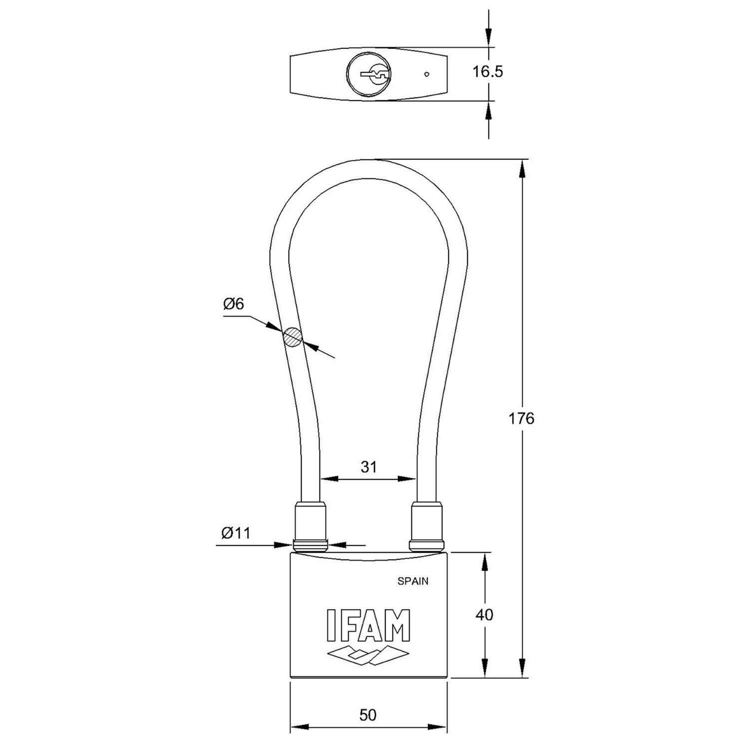 IFAM Candado Cable Serie Inox, Cable Acero Flexible, Altura 176 mm, Alta Resistencia a la Oxidación, Ambientes Húmedos, Alto Nivel de Seguridad, Resistente y Cromado