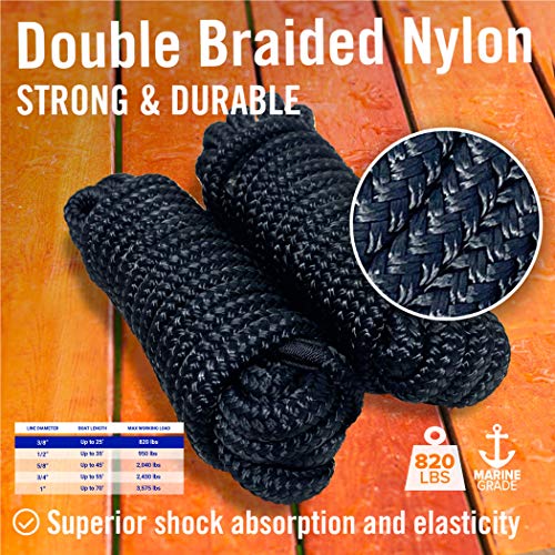 Image of Dock Lines for Boats 3 /8 inch x 15ft, 2 Pack Double Braided Nylon Boat Rope