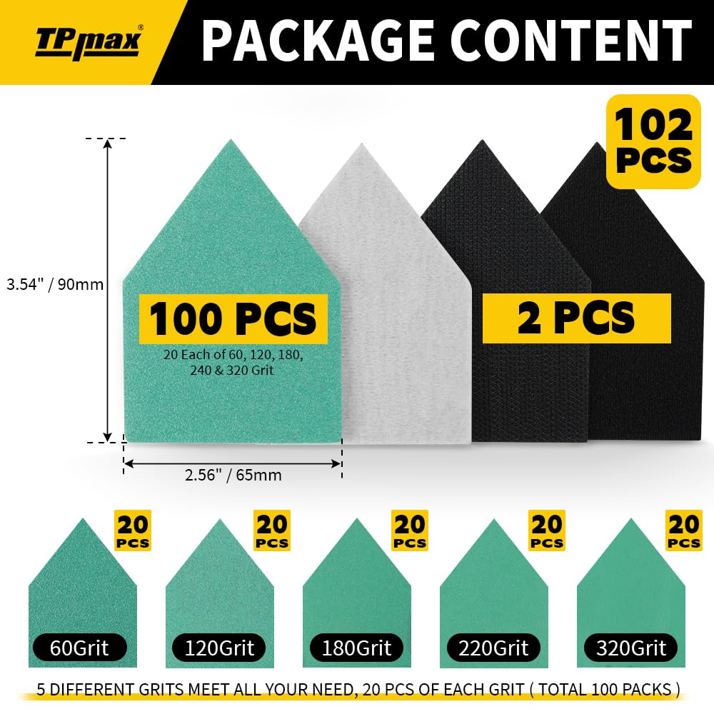TPmax Detailschleifer-Set, 90 x 65 mm, kompatibel mit Milwaukee M12, Körnung 60/120/180/240/320 und 2 Schnittstellen-Pads, robuste Polyesterfolie mit Klettverschluss, 102 Stück