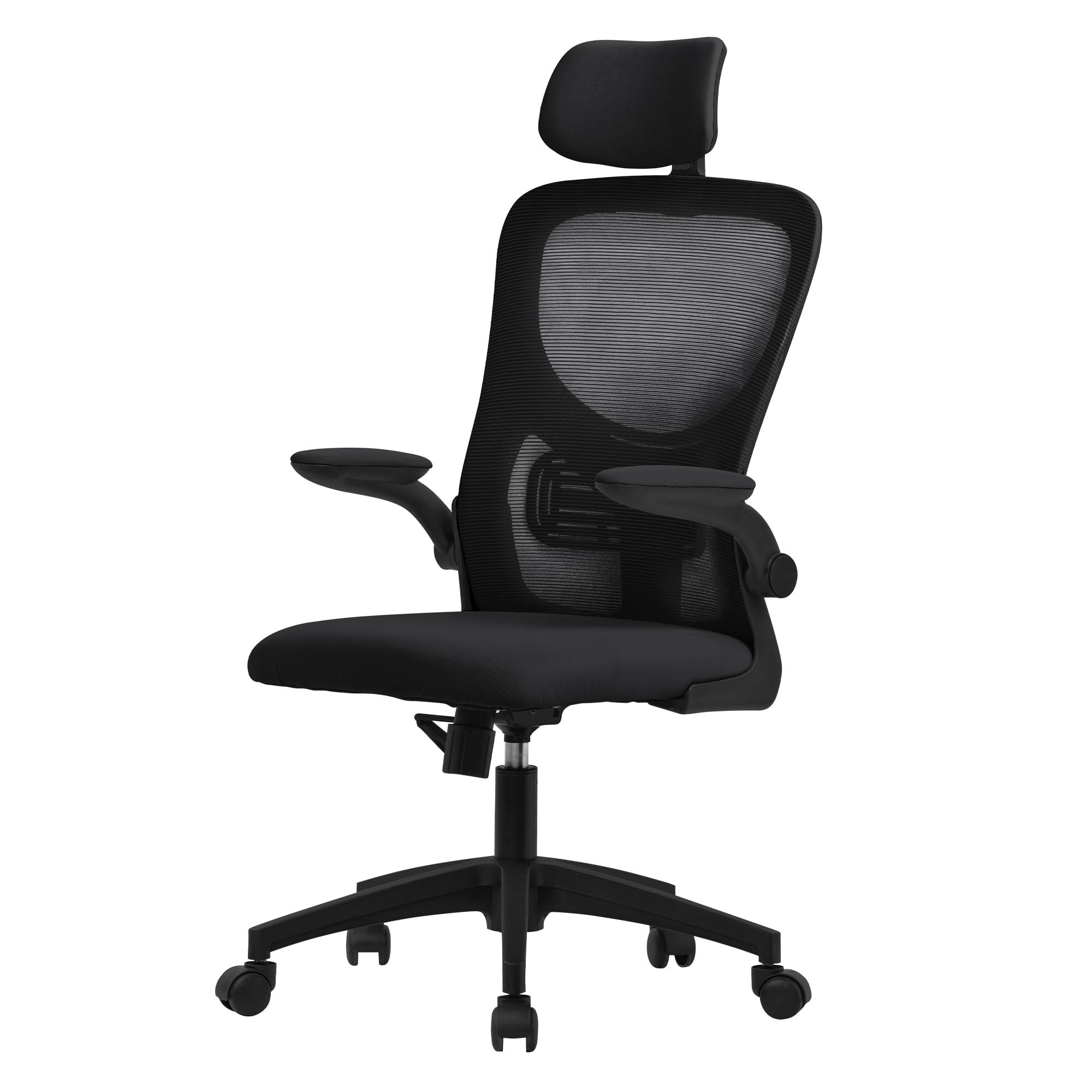 ML-Design Bürostuhl ergonomisch, Schwarz – Mesh-Rückenlehne, verstellbare Kopfstütze und Armlehnen, Lendenwirbelstütze, Wippfunktion