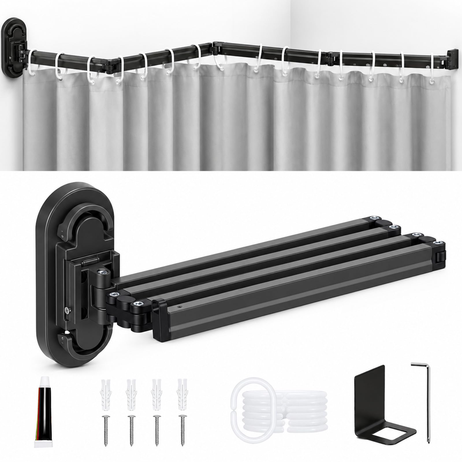 Tenda da doccia senza fori, 1,8 x 2 m, montaggio a parete, asta angolare, potente ventosa a 4 pieghe, asta per tenda da doccia pieghevole con ventosa, per bagno, spogliatoio, camper, grigio chiaro