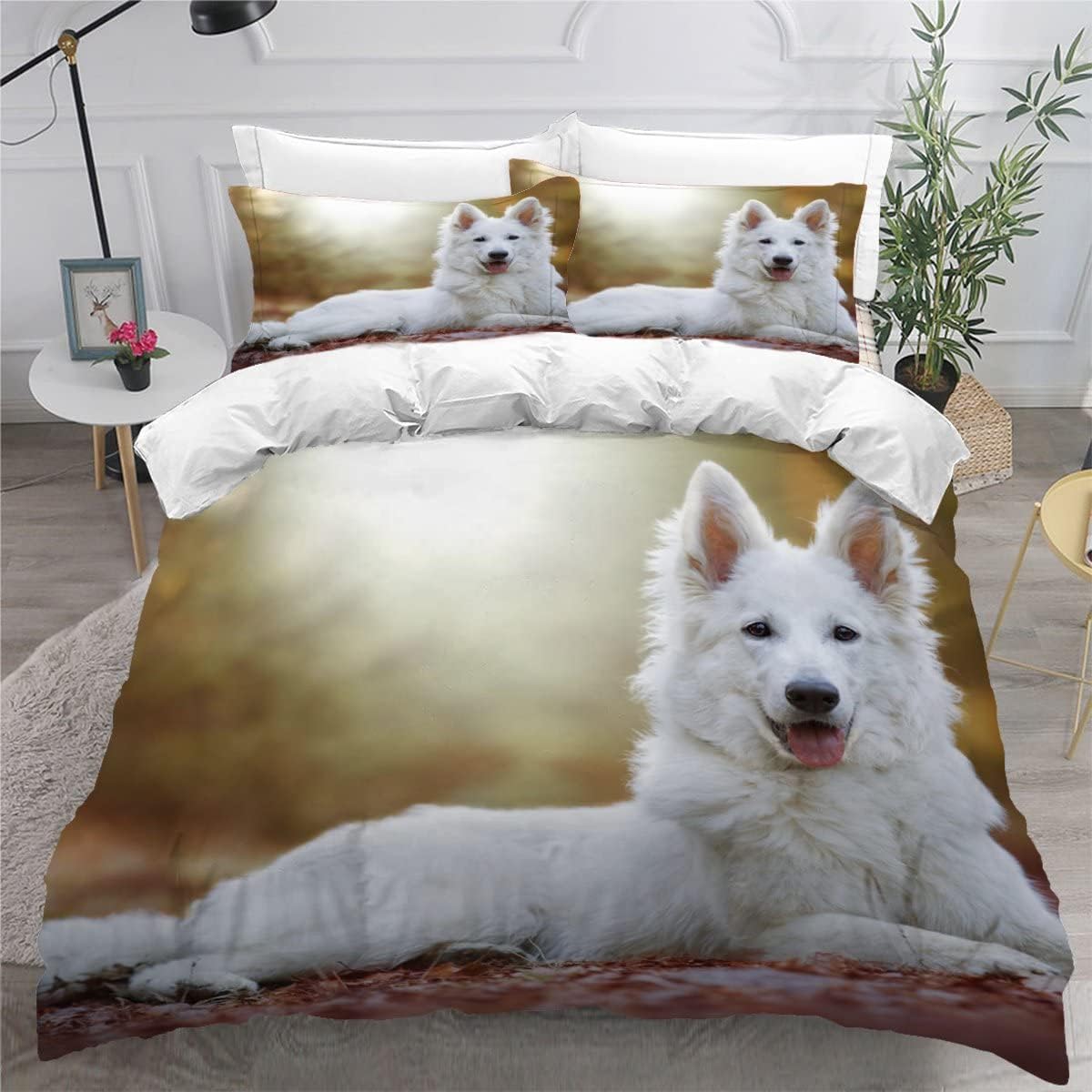 MEVASA German Shepherd Bedding Set - Microfiber Teen Bedding White Dog 3D Set - Anti Allergic Double Duvet Cover Set with Zipper /200x200