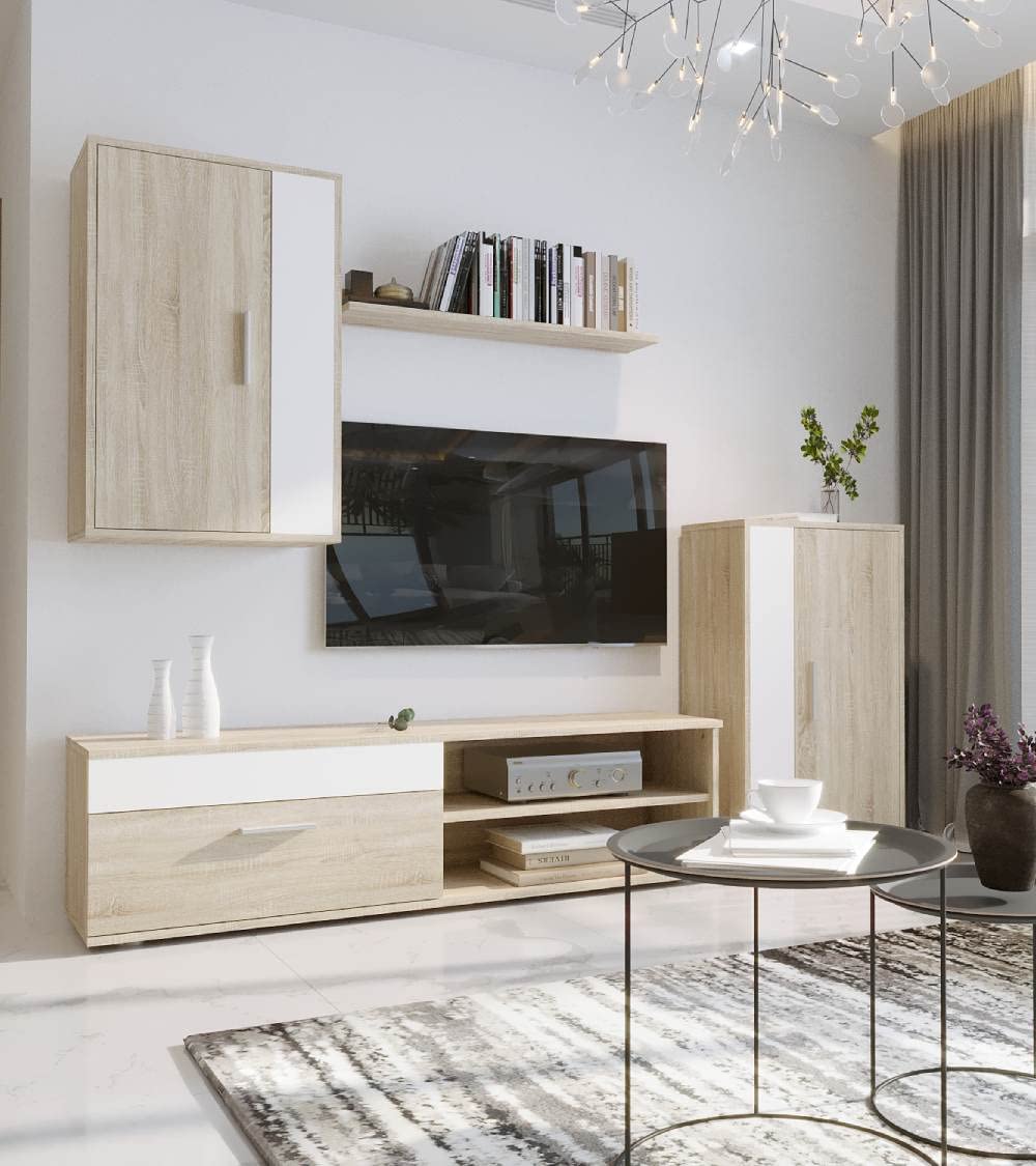 Home Heavenly® - Mueble salón Modular Bosco de 230 cm. Conjunto Completo Mueble TV + 2 vitrinas + Estante (Roble-Blanco) Entrega en el Interior del Domicilio