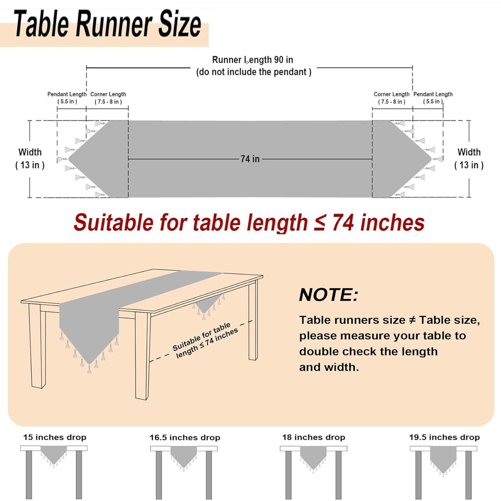 Camino de mesa europeo Sle con borlas, 13.7 x 63 pulgadas, camino de mesa de centro para comedor, tocador, mueble de TV y zapatero, accesorio Dets